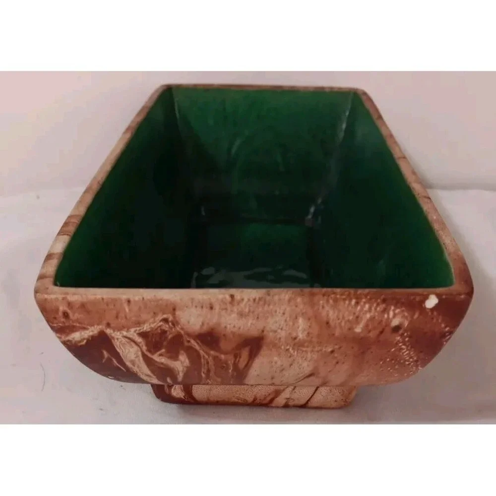 Vtg Romco Rocky Mountain Pottery Planter‎ Faux Wood Grain Green Glaze Int. READ